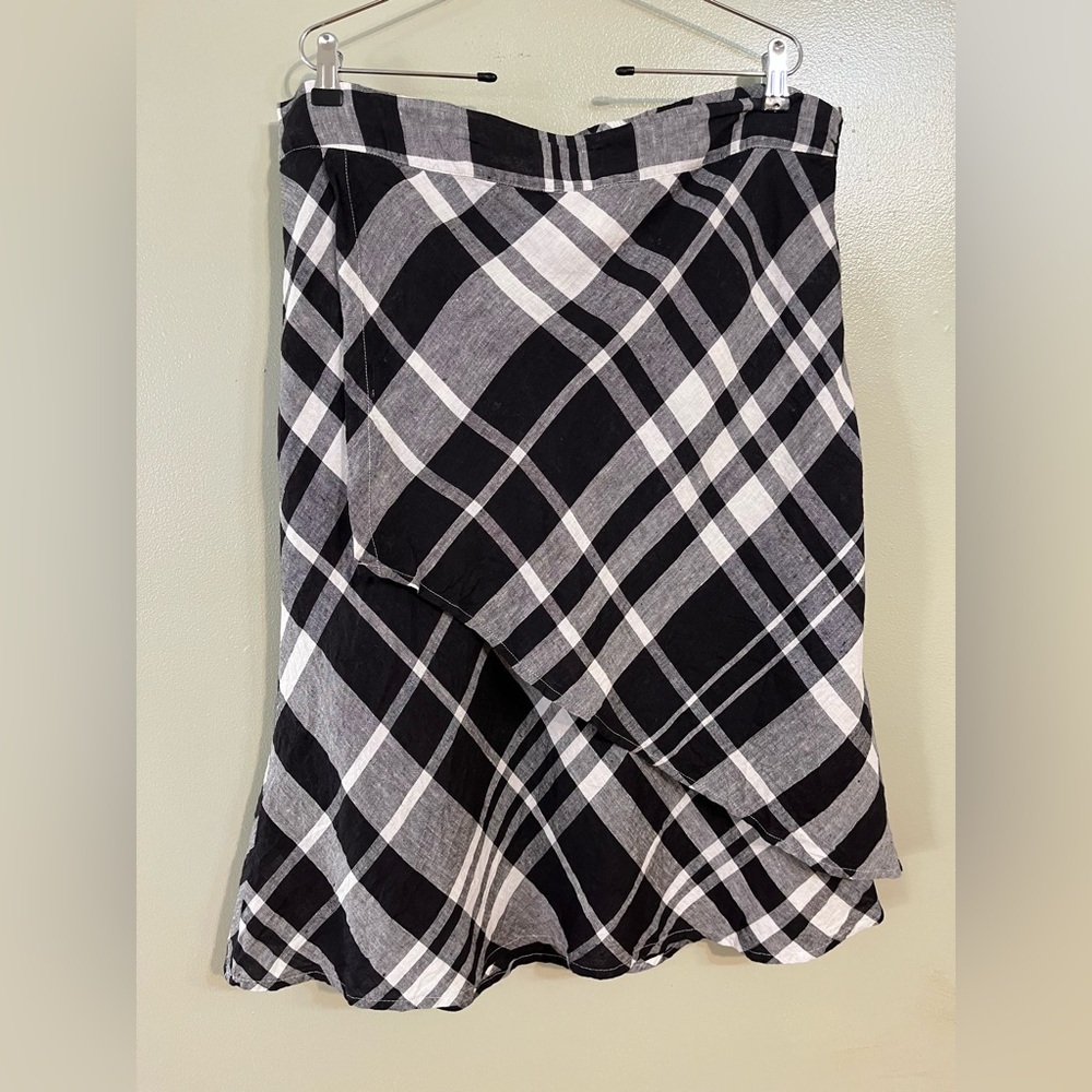 Flax Black and White Plaid Women's Wrap  Skirt Linen Elastic Waist  A Line L